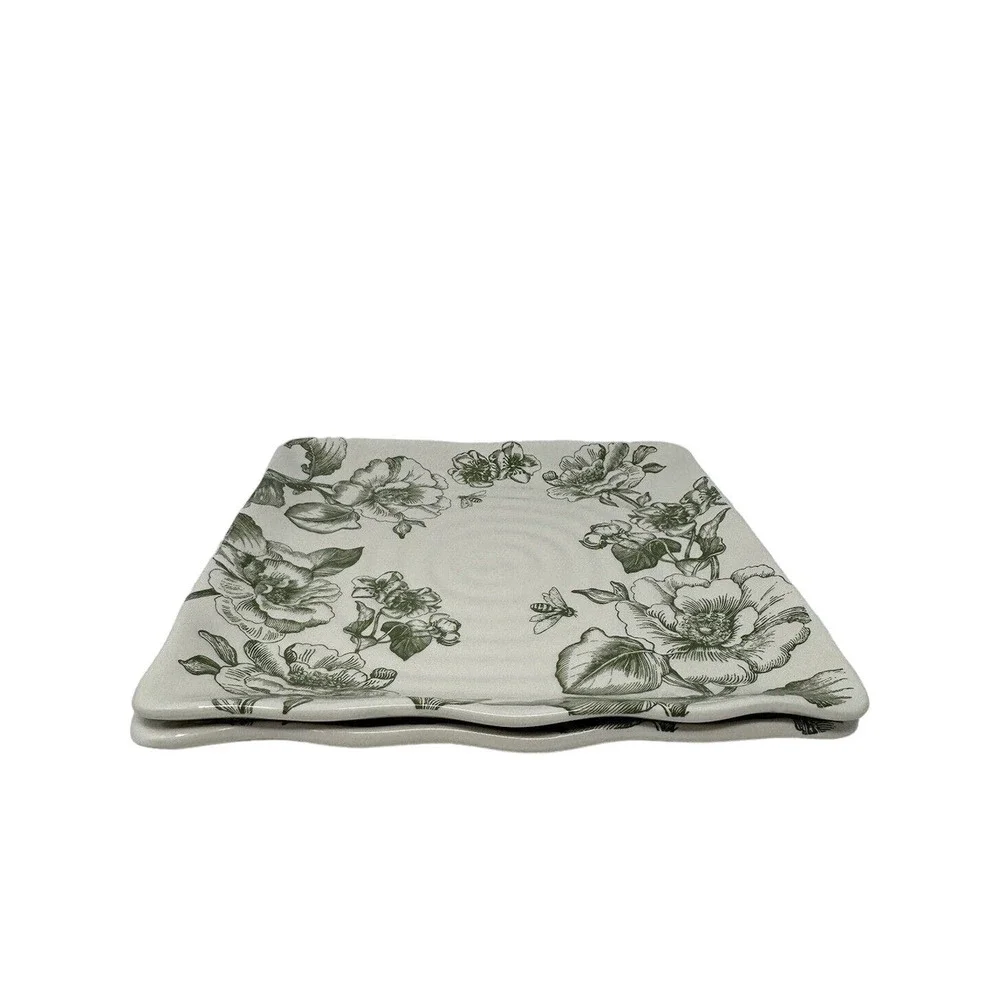 MAXCERA Green Floral Dinner Plates 11in Square Ceramic Set of 2 NEW